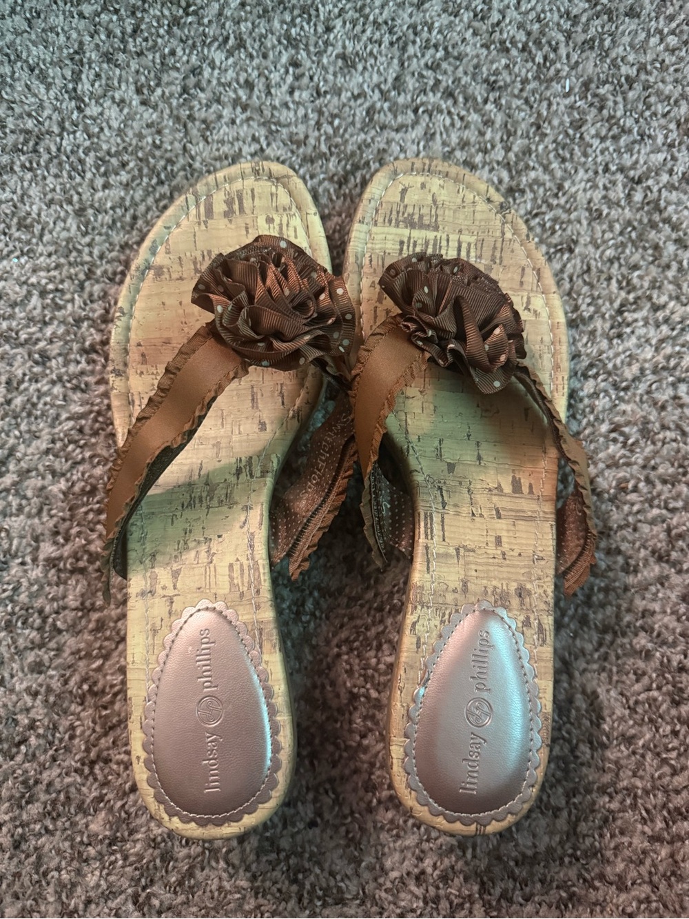 lindsay phillips Brown Floral Accent Cork Wedge Mules